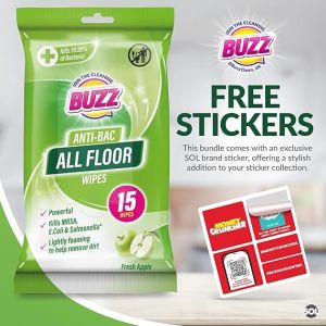 BUZZ мокри кърпи за под 15 бр - ябълка антибактериални