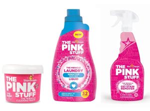 Пакет StarDrops The Pink Stuff: паста 850 гр, перилен препарат Сензитив, спрей за петна по дрехи + Подарък